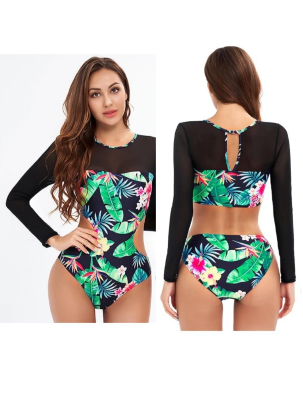 Women's One Piece Floral Longsleeve Mesh Trim Rashguard Swimsuit Small NWOT
